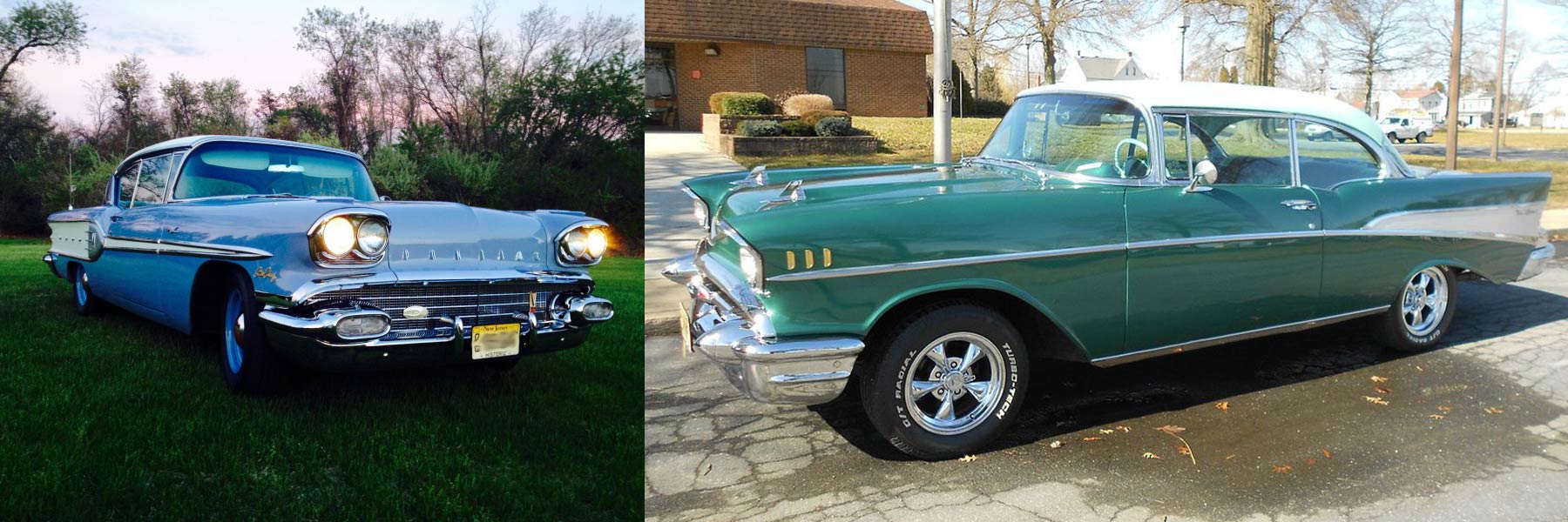 Collage of two antique vehicles, both with a similar greenish color