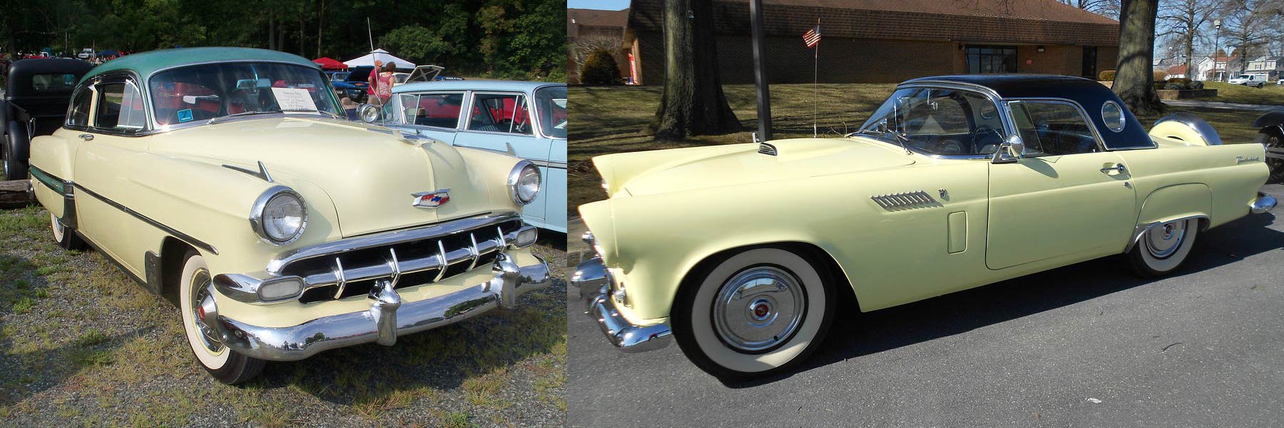 Collage of two antique vehicles, both with a very light yellow color